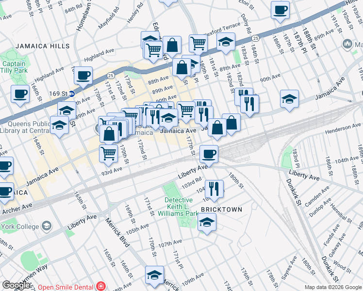 map of restaurants, bars, coffee shops, grocery stores, and more near 176-19 93rd Avenue in Queens