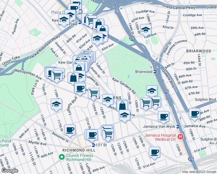 map of restaurants, bars, coffee shops, grocery stores, and more near 84-51 125th Street in Queens