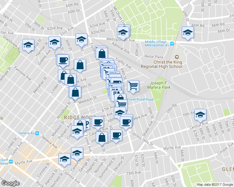 map of restaurants, bars, coffee shops, grocery stores, and more near 66-62 Fresh Pond Road in Queens