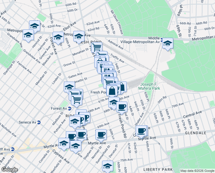 map of restaurants, bars, coffee shops, grocery stores, and more near in Queens