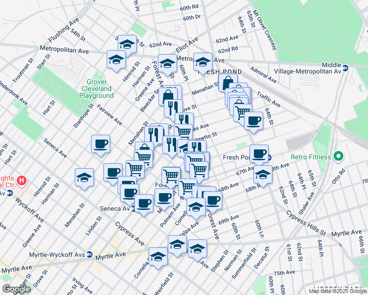map of restaurants, bars, coffee shops, grocery stores, and more near in Queens