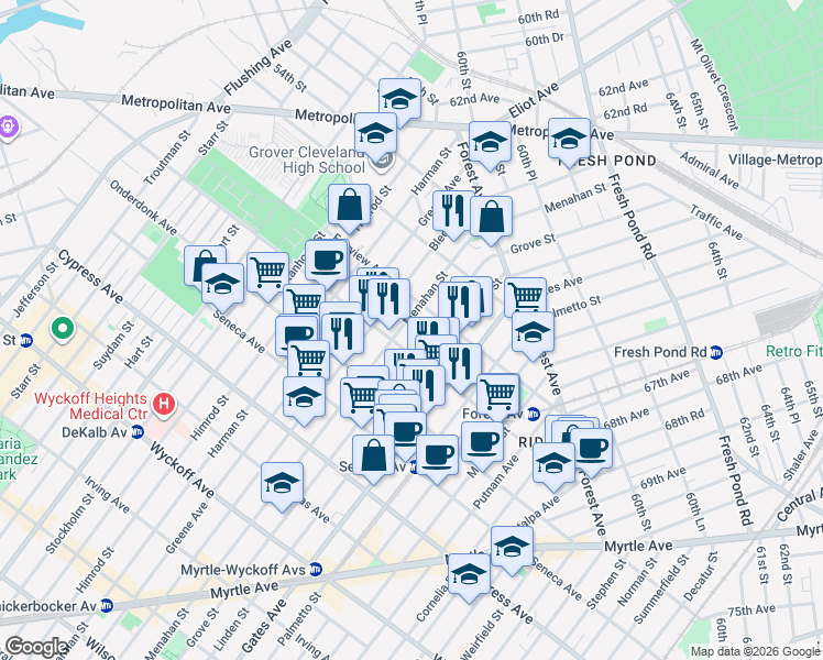 map of restaurants, bars, coffee shops, grocery stores, and more near 2 Saint Johns Road in Queens
