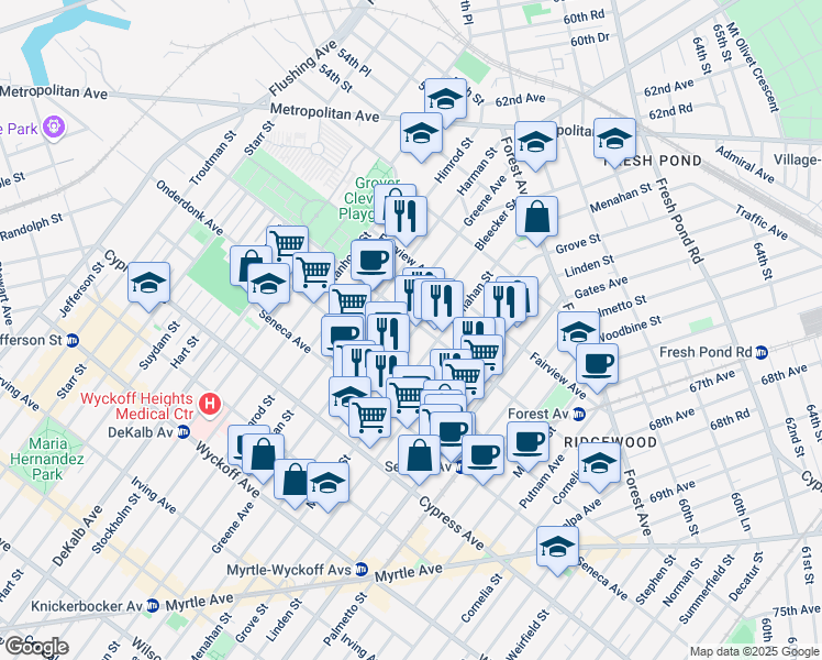 map of restaurants, bars, coffee shops, grocery stores, and more near 5-16 Woodward Avenue in Queens