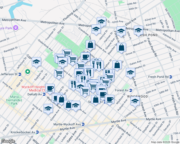 map of restaurants, bars, coffee shops, grocery stores, and more near 18-67 Greene Avenue in Queens