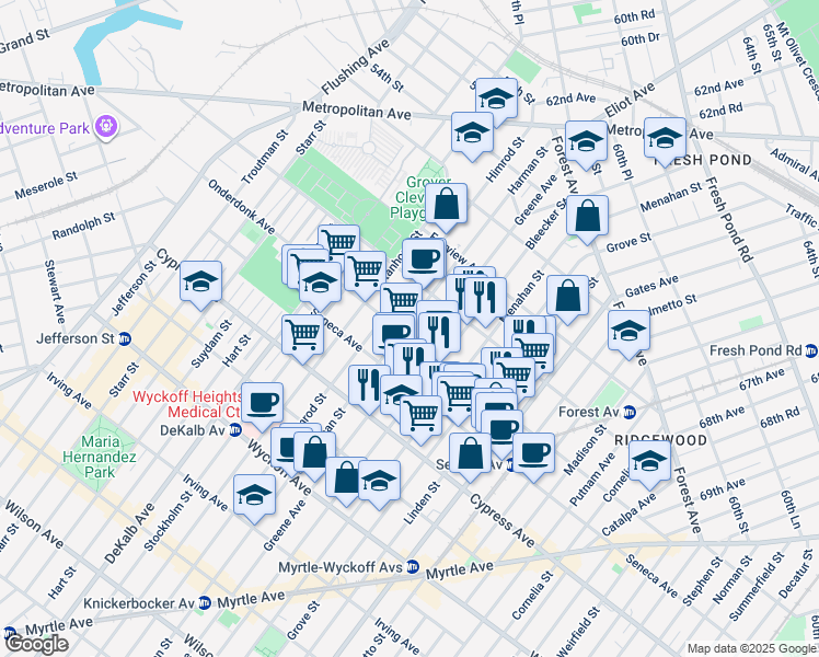 map of restaurants, bars, coffee shops, grocery stores, and more near 18-67 Greene Avenue in Queens