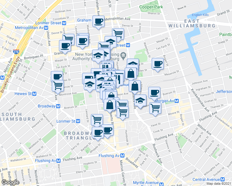 map of restaurants, bars, coffee shops, grocery stores, and more near 181 Montrose Avenue in Brooklyn