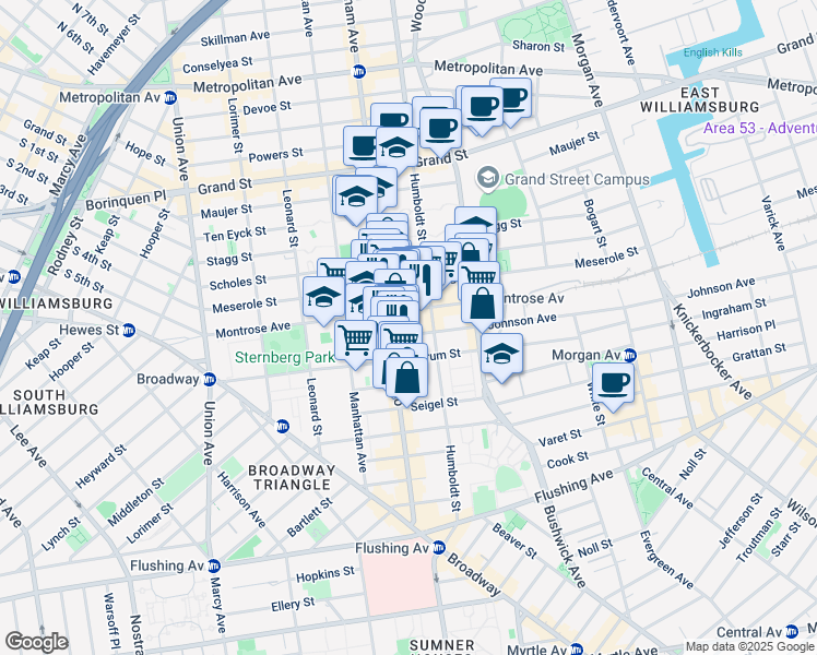 map of restaurants, bars, coffee shops, grocery stores, and more near 181 Montrose Avenue in Brooklyn