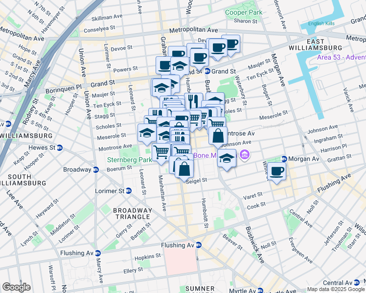 map of restaurants, bars, coffee shops, grocery stores, and more near 181 Montrose Avenue in Brooklyn