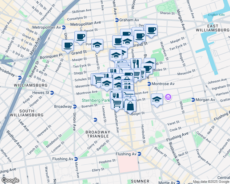 map of restaurants, bars, coffee shops, grocery stores, and more near 138 Montrose Avenue in Brooklyn