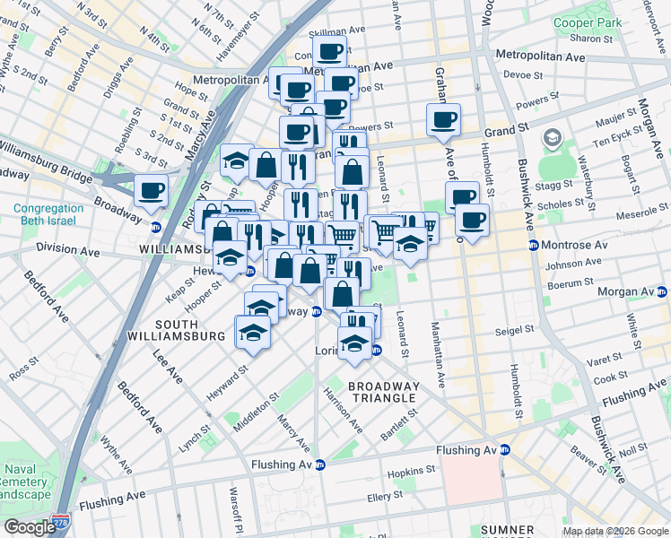map of restaurants, bars, coffee shops, grocery stores, and more near 210 Union Avenue in Brooklyn