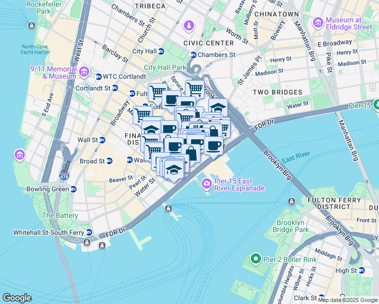map of restaurants, bars, coffee shops, grocery stores, and more near 266 Pearl Street in New York