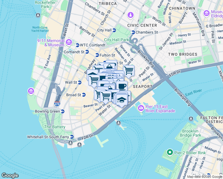 map of restaurants, bars, coffee shops, grocery stores, and more near 101 Maiden Lane in New York