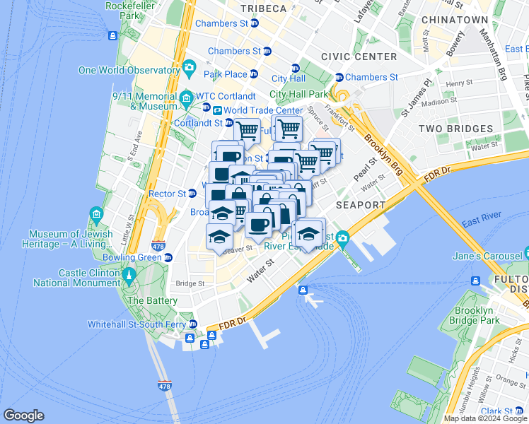 map of restaurants, bars, coffee shops, grocery stores, and more near in New York