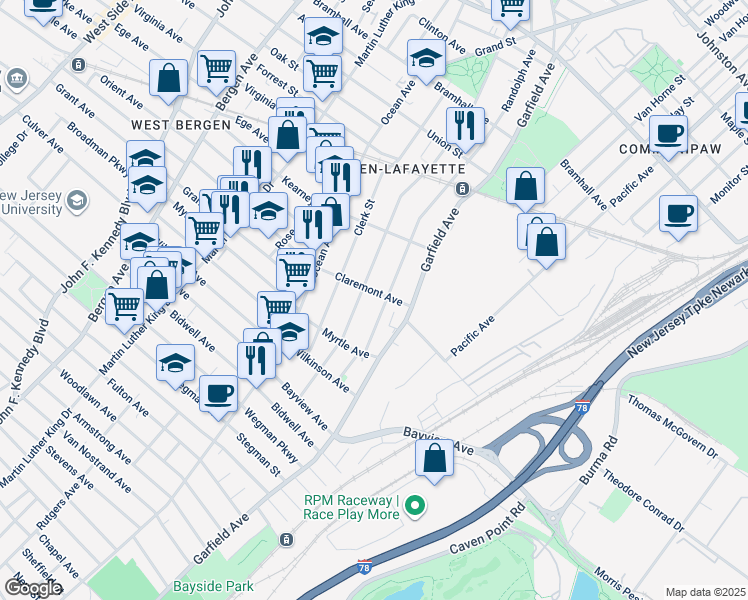 map of restaurants, bars, coffee shops, grocery stores, and more near 29 Claremont Avenue in Jersey City