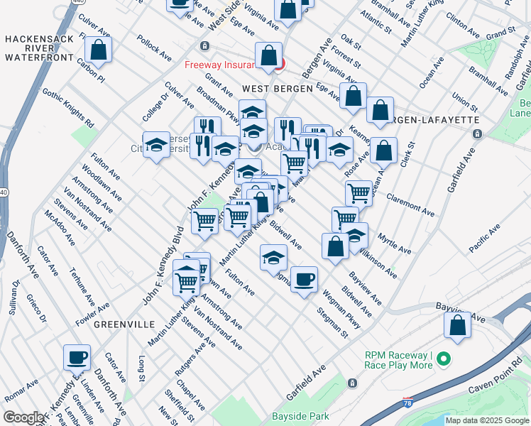 map of restaurants, bars, coffee shops, grocery stores, and more near 223 Martin Luther King Drive in Jersey City
