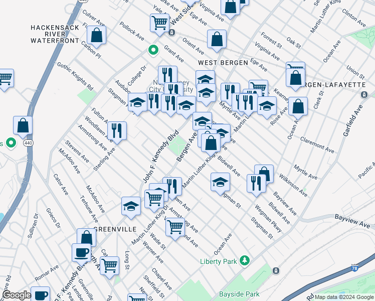 map of restaurants, bars, coffee shops, grocery stores, and more near 18 Audubon Avenue in Jersey City