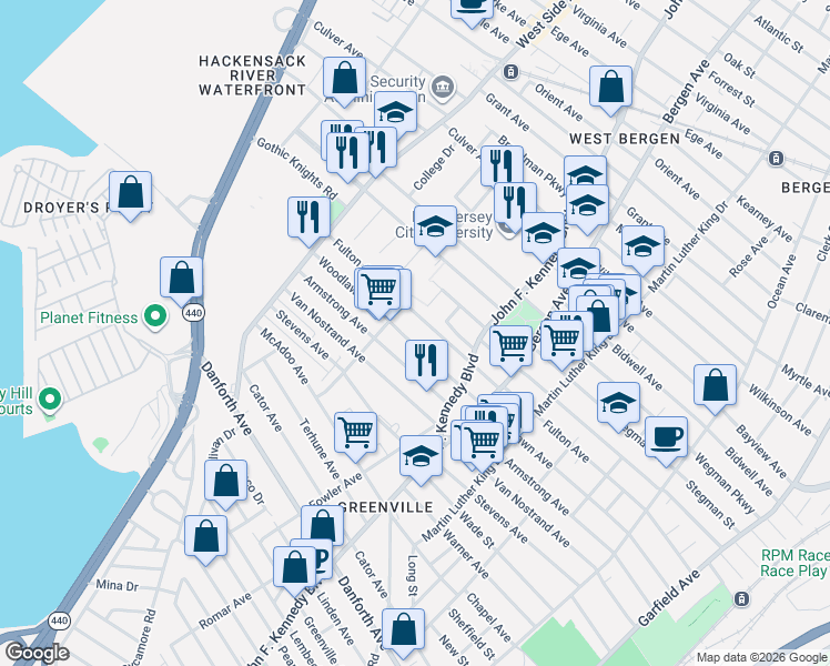 map of restaurants, bars, coffee shops, grocery stores, and more near 299 Fulton Avenue in Jersey City