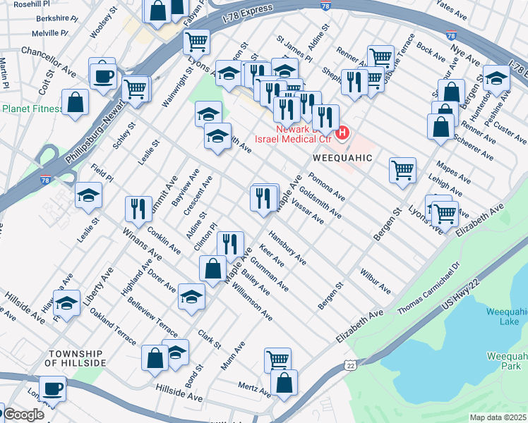 map of restaurants, bars, coffee shops, grocery stores, and more near 197 Chancellor Avenue in Newark