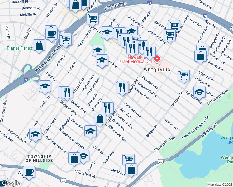 map of restaurants, bars, coffee shops, grocery stores, and more near 205 Hansbury Avenue in Newark