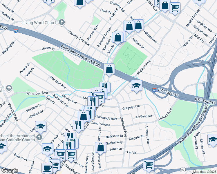 map of restaurants, bars, coffee shops, grocery stores, and more near 1500 Stuyvesant Avenue in Union