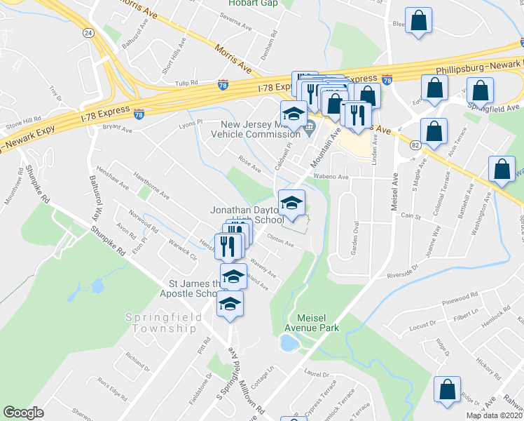 map of restaurants, bars, coffee shops, grocery stores, and more near 154 Mountain Avenue in Springfield