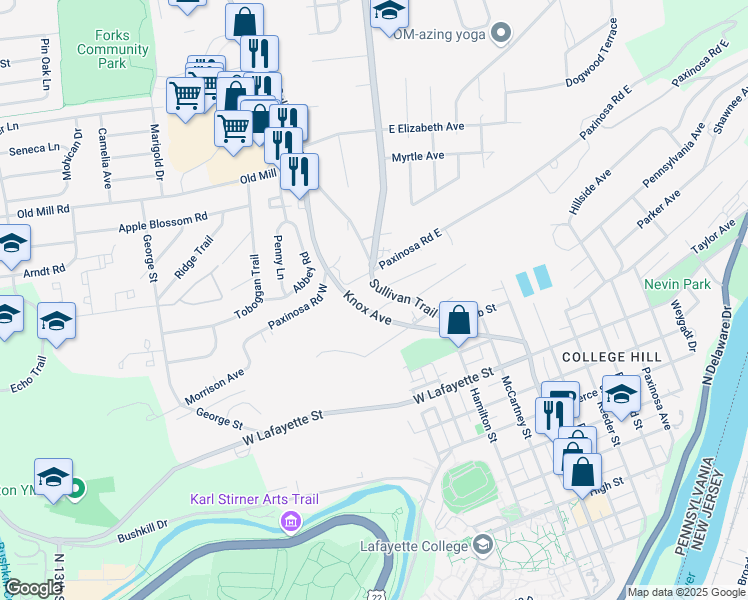 map of restaurants, bars, coffee shops, grocery stores, and more near 1122 Sullivan Trail in Easton