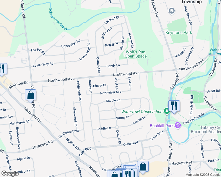 map of restaurants, bars, coffee shops, grocery stores, and more near 2615 Clover Drive in Easton