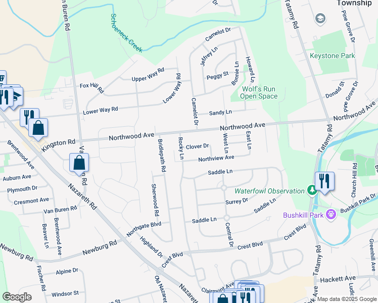 map of restaurants, bars, coffee shops, grocery stores, and more near 2652 Clover Drive in Easton