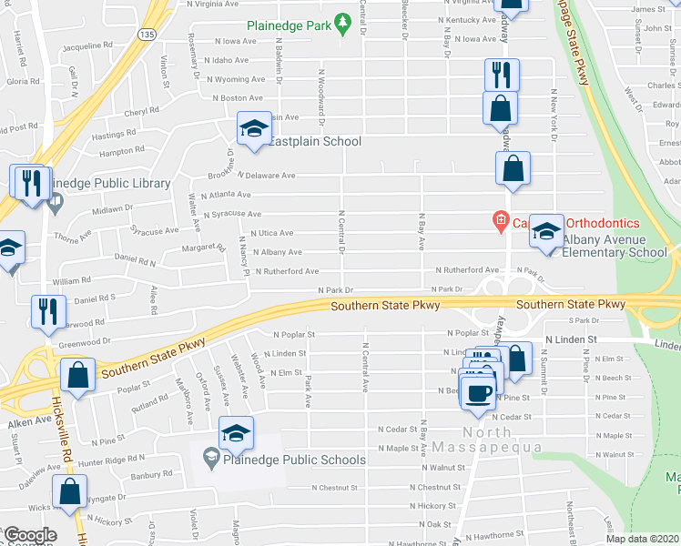 map of restaurants, bars, coffee shops, grocery stores, and more near 280 North Rutherford Avenue in North Massapequa