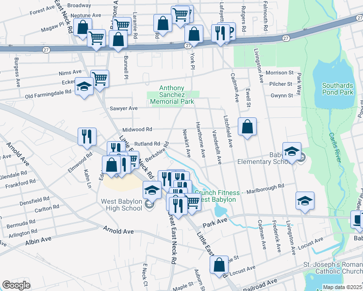 map of restaurants, bars, coffee shops, grocery stores, and more near 24 Vince Road in West Babylon