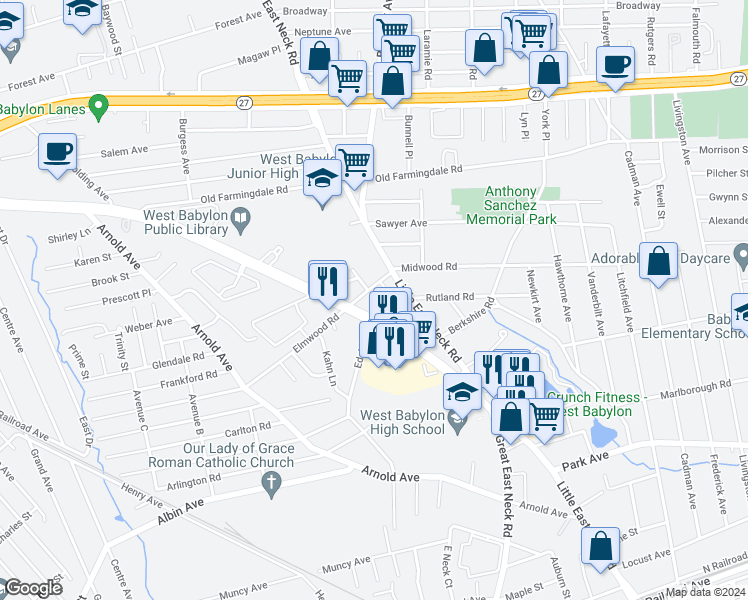map of restaurants, bars, coffee shops, grocery stores, and more near 23 Platt Ave in West Babylon