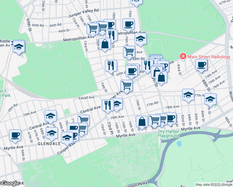 map of restaurants, bars, coffee shops, grocery stores, and more near 75-09 Cooper Avenue in Queens