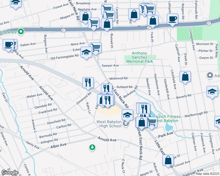 map of restaurants, bars, coffee shops, grocery stores, and more near 600 Little East Neck Road in West Babylon