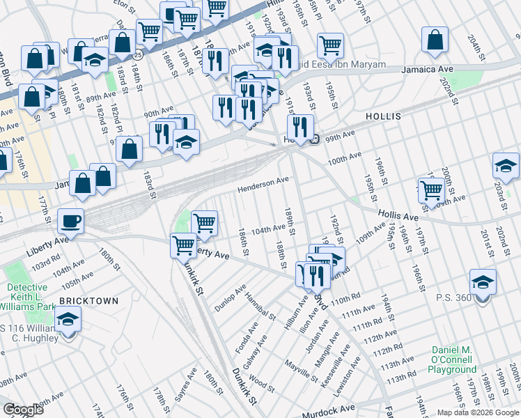 map of restaurants, bars, coffee shops, grocery stores, and more near 102-37 187th Street in Queens