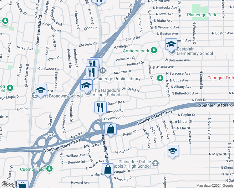 map of restaurants, bars, coffee shops, grocery stores, and more near 54 William Road in Massapequa