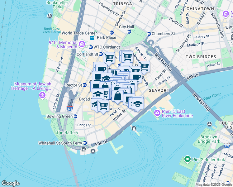 map of restaurants, bars, coffee shops, grocery stores, and more near 50 Pine Street in New York