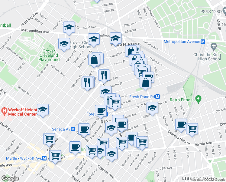 map of restaurants, bars, coffee shops, grocery stores, and more near 5921 Woodbine Street in Queens