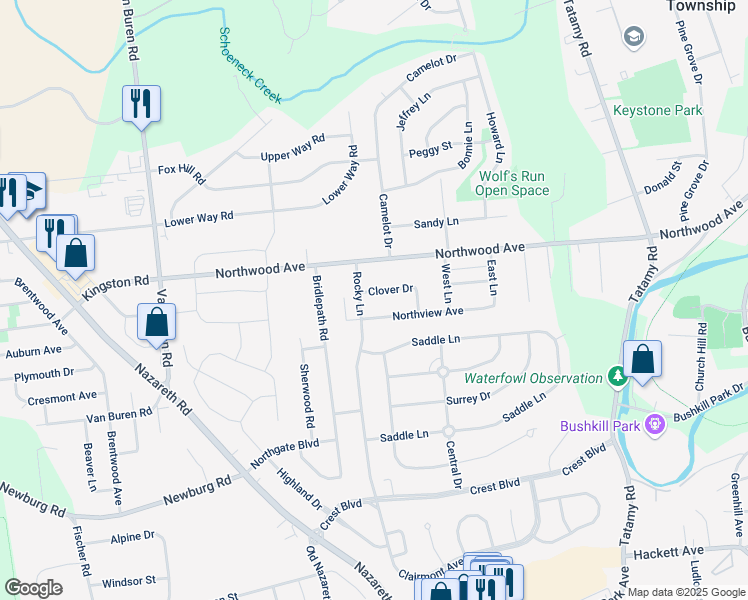 map of restaurants, bars, coffee shops, grocery stores, and more near 2652 Clover Drive in Easton