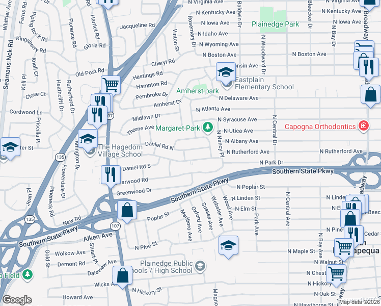 map of restaurants, bars, coffee shops, grocery stores, and more near 191 Daniel Road North in Massapequa