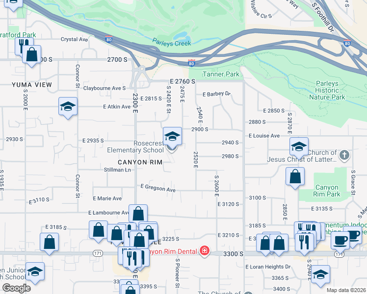 map of restaurants, bars, coffee shops, grocery stores, and more near 2470 East 2935 South in Salt Lake City