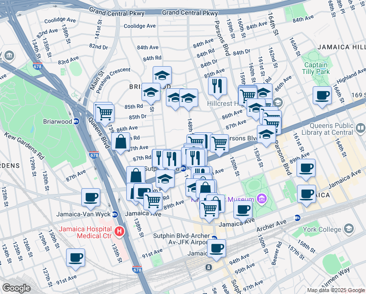 map of restaurants, bars, coffee shops, grocery stores, and more near 144-40 87th Avenue in Queens