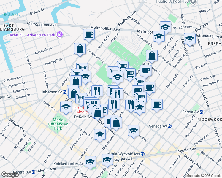 map of restaurants, bars, coffee shops, grocery stores, and more near 1754 Dekalb Avenue in Queens