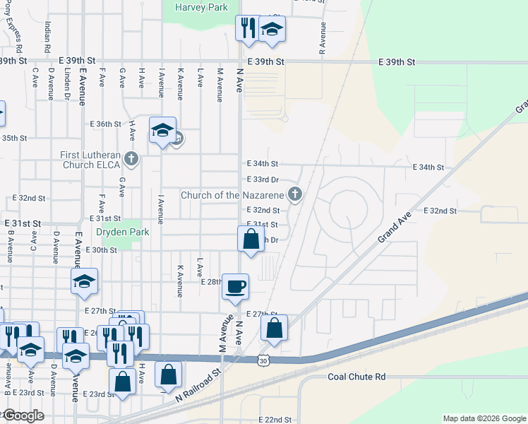 map of restaurants, bars, coffee shops, grocery stores, and more near 1403 East 32nd Street in Kearney