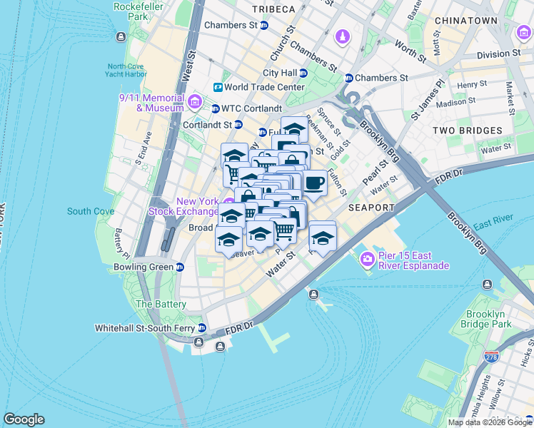 map of restaurants, bars, coffee shops, grocery stores, and more near William St & Pine St in New York