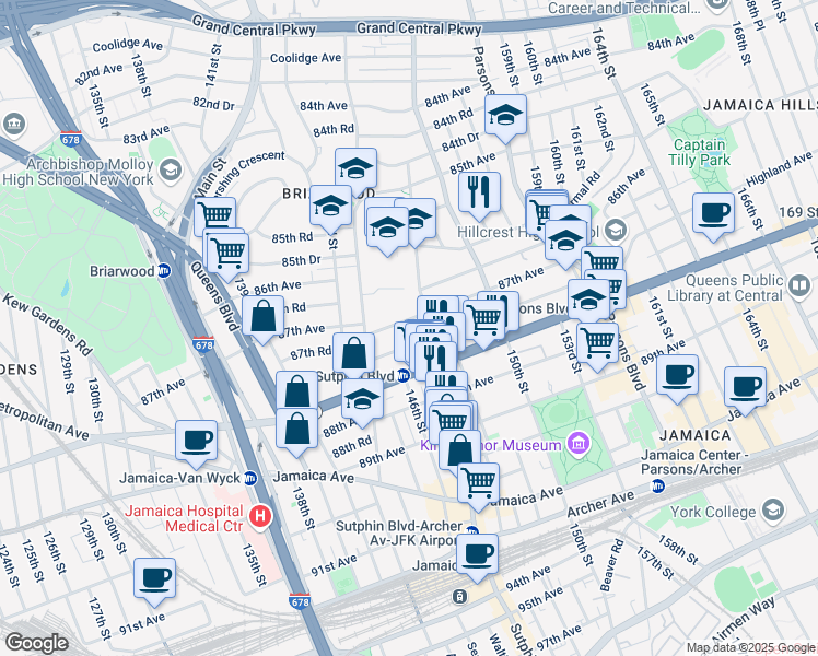 map of restaurants, bars, coffee shops, grocery stores, and more near 144-48 87th Avenue in Queens