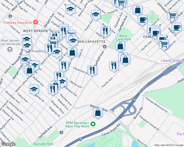 map of restaurants, bars, coffee shops, grocery stores, and more near 2 Claremont Avenue in Jersey City