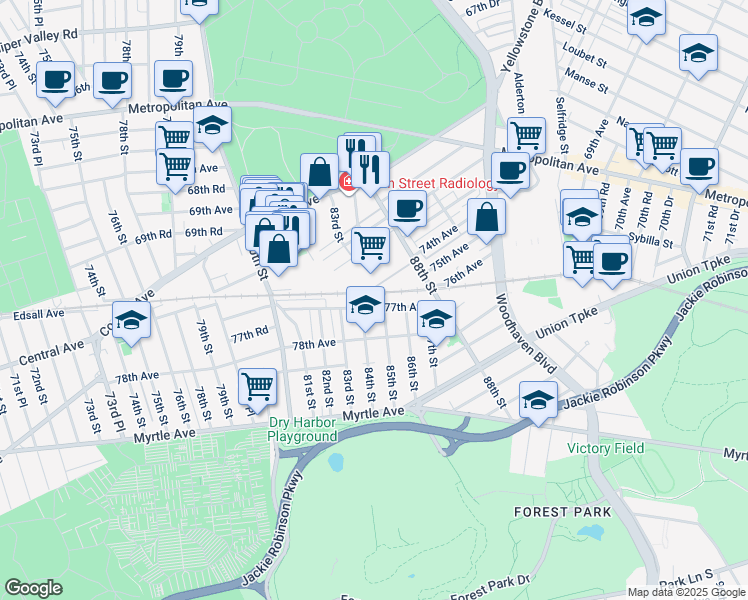 map of restaurants, bars, coffee shops, grocery stores, and more near 84-17 77th Avenue in Queens