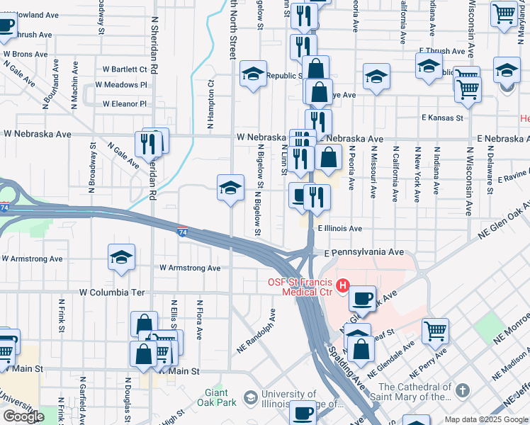 map of restaurants, bars, coffee shops, grocery stores, and more near 1604 North Bigelow Street in Peoria