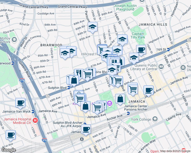 map of restaurants, bars, coffee shops, grocery stores, and more near 150-11 Hillside Avenue in Queens