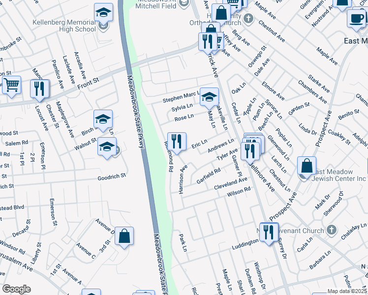 map of restaurants, bars, coffee shops, grocery stores, and more near 1439 Eric Lane in East Meadow